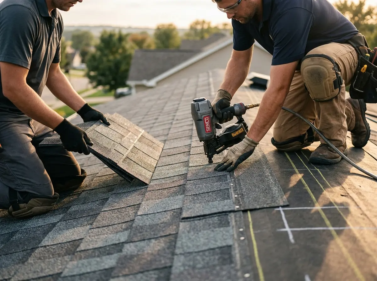 Professional roofer working on a residential roof in Attleboro